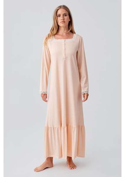 Uzun Kollu Düğmeli Dantelli Esnek Pamuklu Gecelik 18100