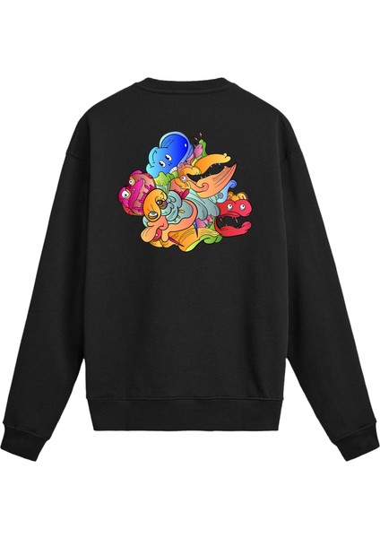 Sırt Baskılı Renkli Karikatür Tasarımlı Sweatshirt
