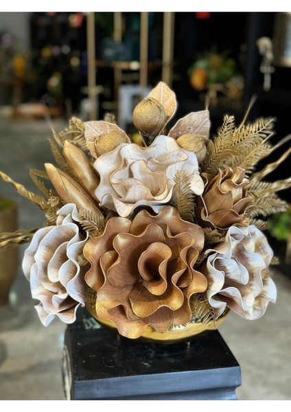 Yapay Çiçek Aranjmalı Gold Yassı Vazo No:9