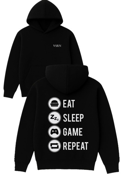 Game Eat Sleep Tasarım Baskılı Oversize Siyah Kapüşonlu Sweatshirt