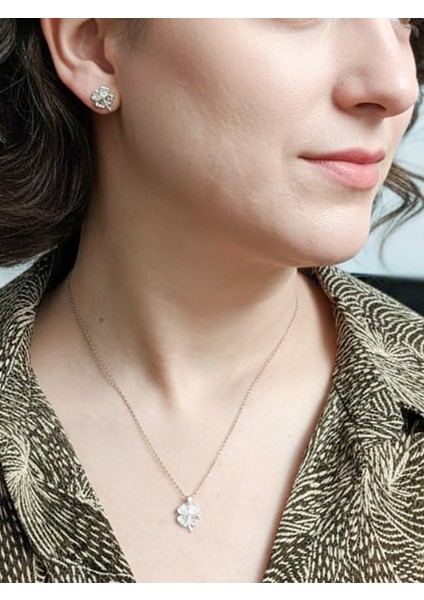 Kadın 925 Ayar Gümüş Yonca Yapraklı Set, Minimal Ikili Yonca Modeli