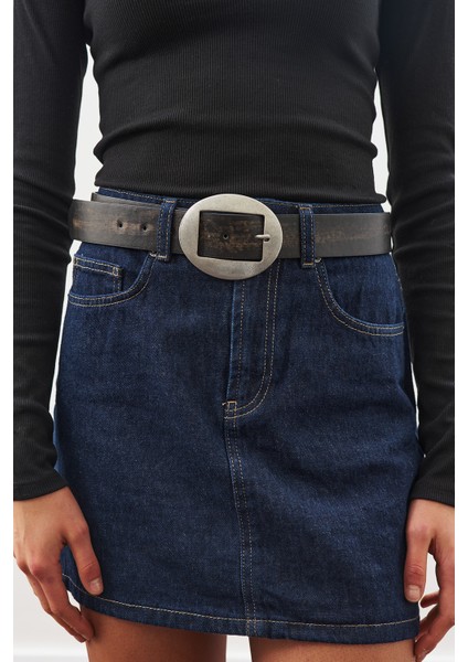 Büyük Oval Tokalı Kemer Siyah