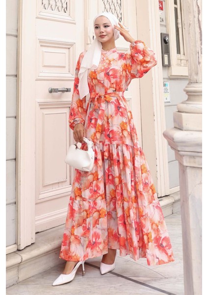 Kadın Bdart Düğmeli ve Kuşak Detaylı Bisiklet Yaka Maxi Elbise Soluk Turuncu