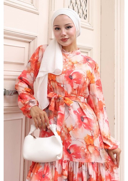 Kadın Bdart Düğmeli ve Kuşak Detaylı Bisiklet Yaka Maxi Elbise Soluk Turuncu fiyatları