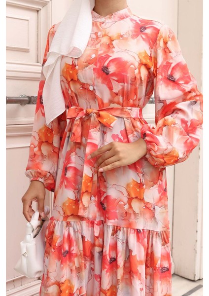 Kadın Bdart Düğmeli ve Kuşak Detaylı Bisiklet Yaka Maxi Elbise Soluk Turuncu modelleri