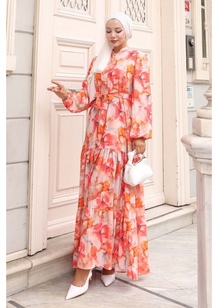 Kadın Bdart Düğmeli ve Kuşak Detaylı Bisiklet Yaka Maxi Elbise Soluk Turuncu fırsatları