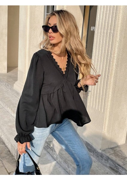 Kadın Uzun Kollu V Dantel Yaka Aerobin Bluz