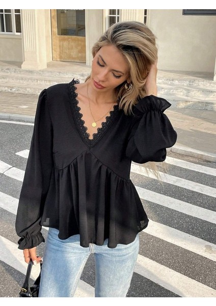 Kadın Uzun Kollu V Dantel Yaka Aerobin Bluz modelleri