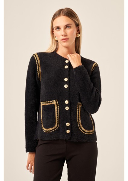 Kadın Sim Şerit Detaylı Hırka Siyah 25087