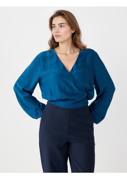 Koyu Petrol Rahat Kesim Anvelop Yaka Uzun Kollu Dokuma Bluz