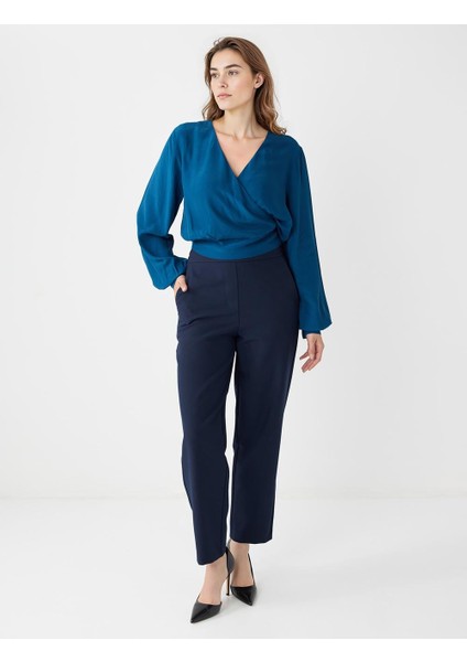 Koyu Petrol Rahat Kesim Anvelop Yaka Uzun Kollu Dokuma Bluz fiyatları