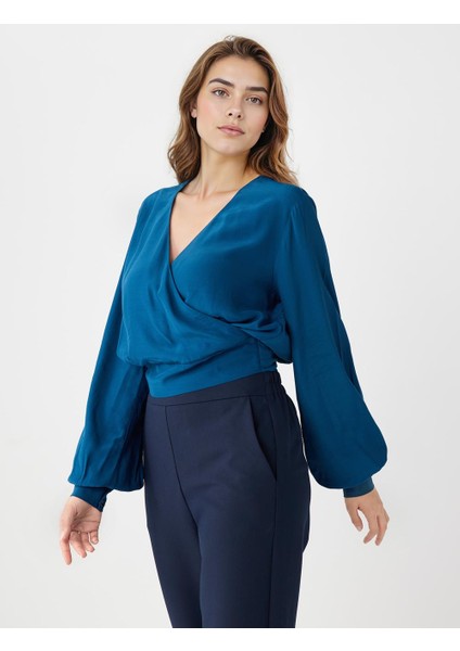 Koyu Petrol Rahat Kesim Anvelop Yaka Uzun Kollu Dokuma Bluz modelleri