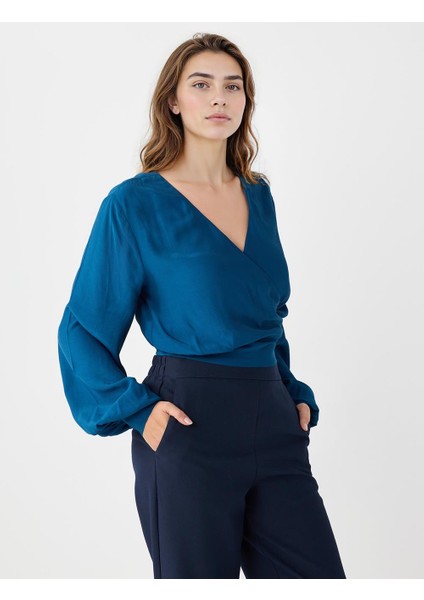 Koyu Petrol Rahat Kesim Anvelop Yaka Uzun Kollu Dokuma Bluz fırsatları