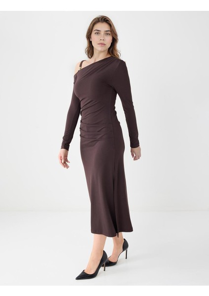 Acı Kahve Asimetrik Yaka Uzun Kollu Örme Midi Elbise fiyatları