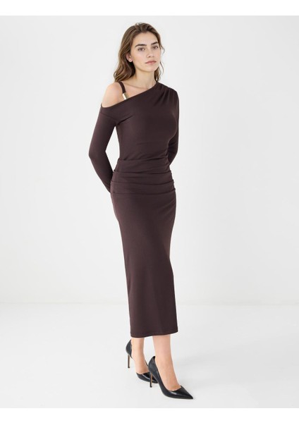 Acı Kahve Asimetrik Yaka Uzun Kollu Örme Midi Elbise modelleri