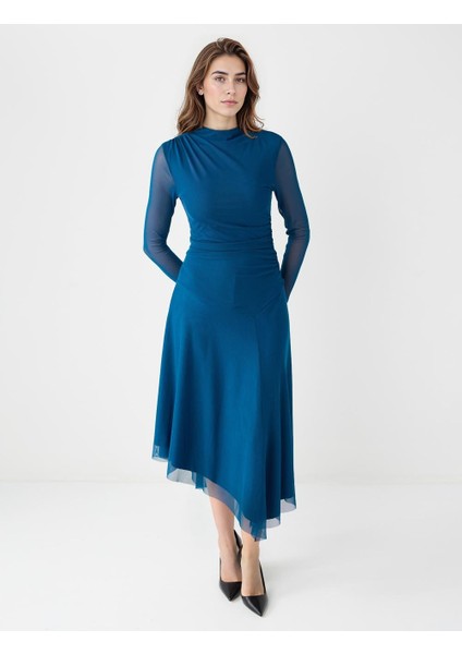 Koyu Petrol Uzun Kollu Sıfır Yaka Mesh Örme Uzun Elbise