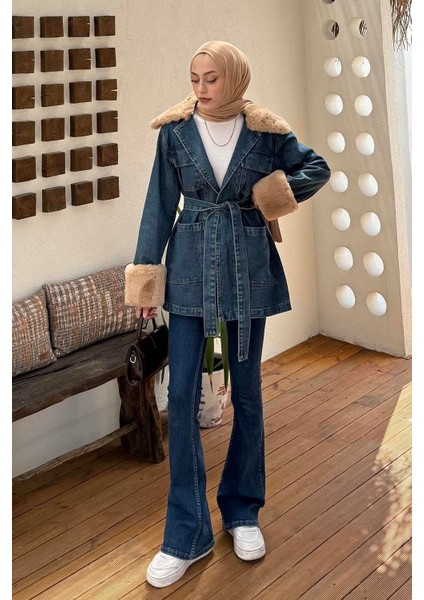 Kürklü Kot Ceket Kot Mavi