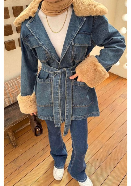 Kürklü Kot Ceket Kot Mavi modelleri