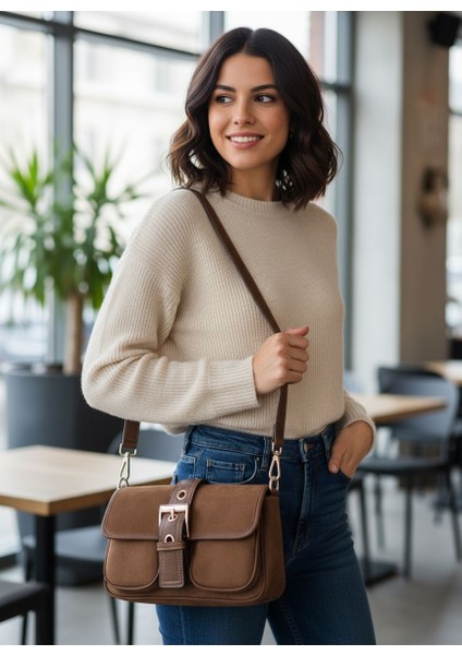 Süet Şık Kapağı Mıknatıslı Kahverengi Cepli El ve Omuz Çanta