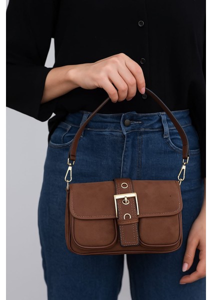 Süet Şık Kapağı Mıknatıslı Kahverengi Cepli El ve Omuz Çanta fiyatları