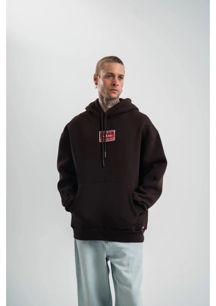 Double Oversize Kapşonlu Dijital Patchli Sweatshirt - Kahve
