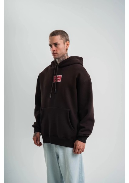 Double Oversize Kapşonlu Dijital Patchli Sweatshirt - Kahve modelleri