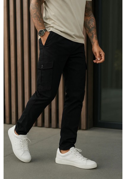 Erkek Bol Paça Trend Siyah Gabardin Kargo Pantolon