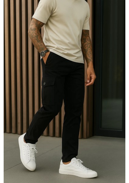 Erkek Bol Paça Trend Siyah Gabardin Kargo Pantolon modelleri