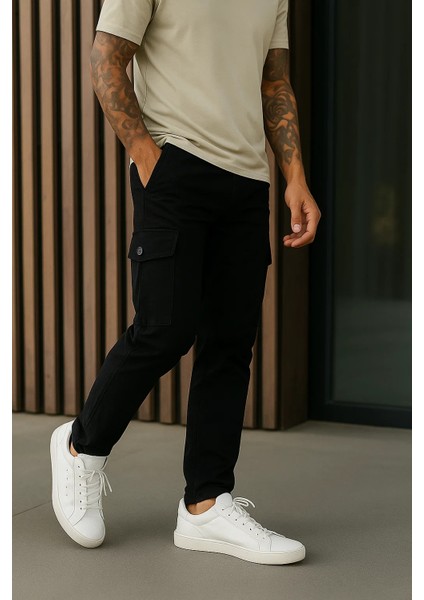 Erkek Bol Paça Trend Siyah Gabardin Kargo Pantolon fırsatları