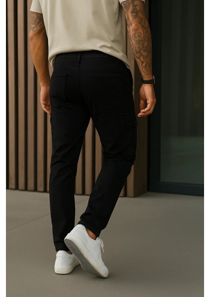 Erkek Bol Paça Trend Siyah Gabardin Kargo Pantolon