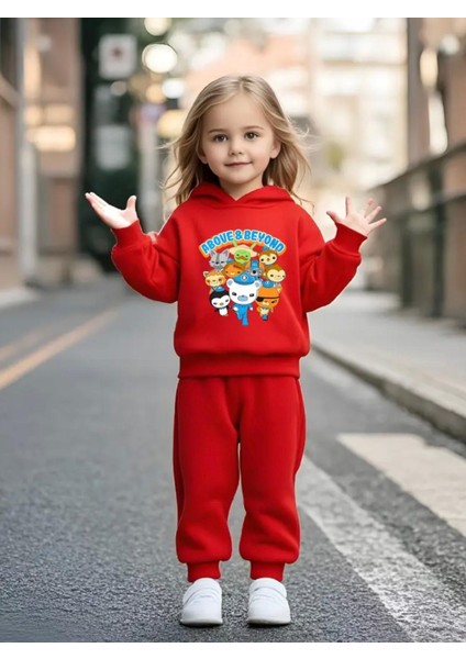 Punıx Kıds Yüksek Kalite Octonauts Baskılı Kapüşonlu Kışlık Kalın 3 Iplik Kızçocuk Eşofman Takımı