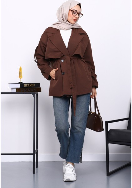 Kahverengi Kravuze Yaka Düğmeli Kısa Trençkot fiyatları