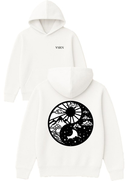Gece Gündüz Tasarım Baskılı Oversize Beyaz Kapüşonlu Sweatshirt