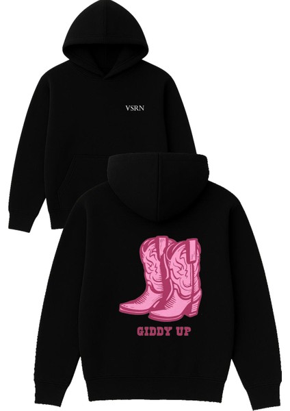 Gıddy Up Tasarım Baskılı Oversize Siyah Kapüşonlu Sweatshirt