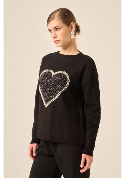 Kadın Kalp Detay Şardon Kazak Siyah 25214 fırsatları