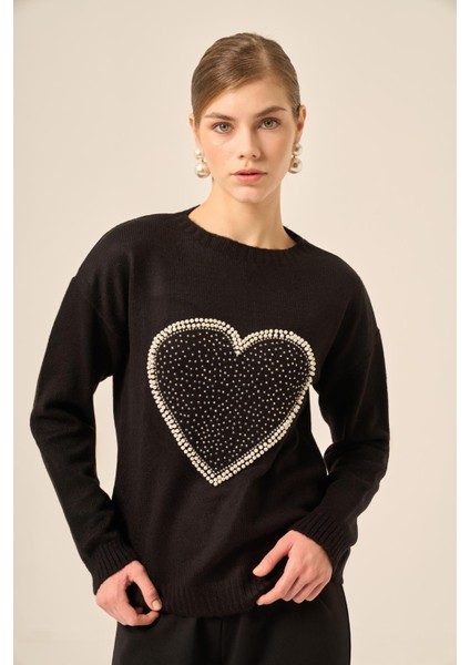 Kadın Kalp Detay Şardon Kazak Siyah 25214 indirimleri