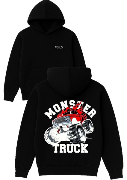 Monster Truck Tasarım Baskılı Oversize Siyah Kapüşonlu Sweatshirt