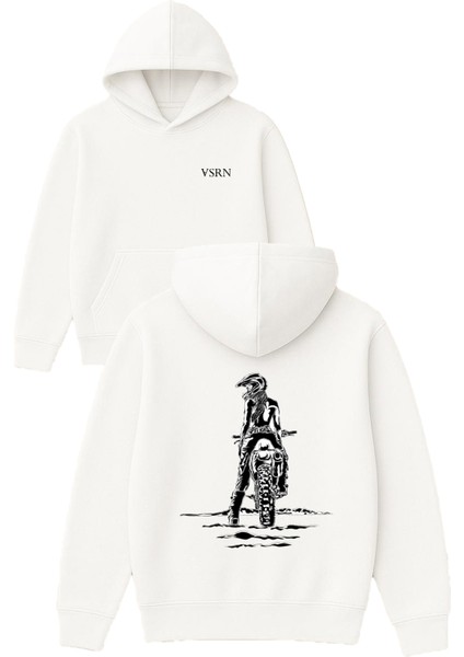 Dağ Motoru Tasarım Baskılı Oversize Beyaz Kapüşonlu Sweatshirt