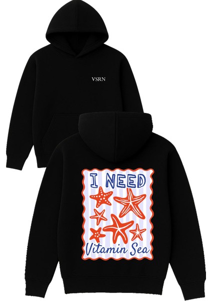 I Need Vitamin Tasarım Baskılı Oversize Siyah Kapüşonlu Sweatshirt