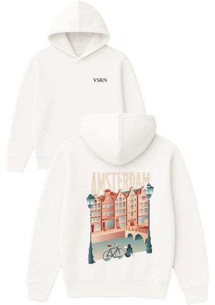 Amsterdam Bisiklet Tasarım Baskılı Oversize Beyaz Kapüşonlu Sweatshirt