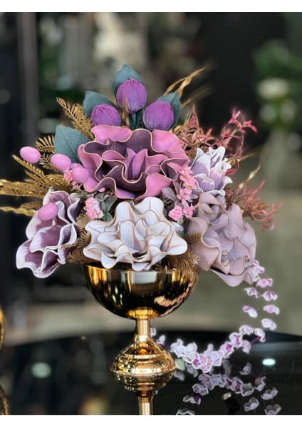 Yapay Çiçekli Gold Yuvarlak Vazo No:5