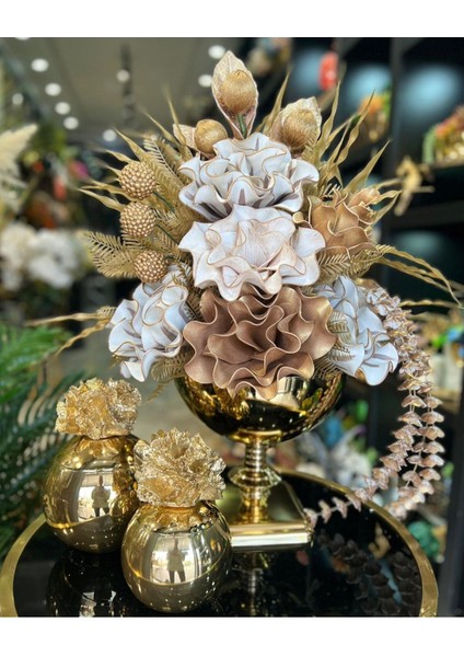 Yapay Çiçekli Gold Kare Ayak Vazo 3 Parça Set No:1