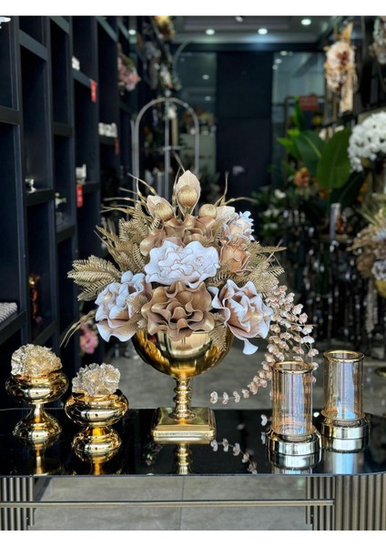 Yapay Çiçekli Gold Kare Ayak Vazo 5 Parça Set No:6