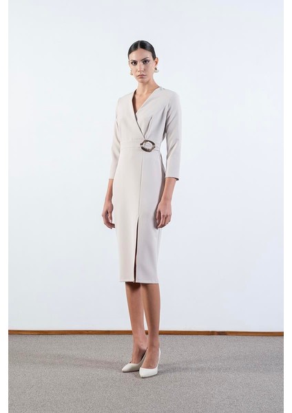 Ormea Kruvaze Belinde Toka Detaylı Yırtmaçlı Elbise Taş fiyatları