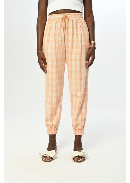 Kadın Rahat Kalıp Beli Lastikli Ekose Desenli Pantolon