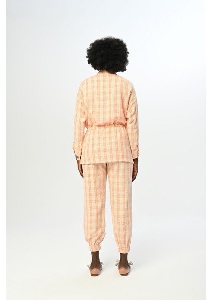 Kadın Rahat Kalıp Beli Lastikli Ekose Desenli Pantolon modelleri