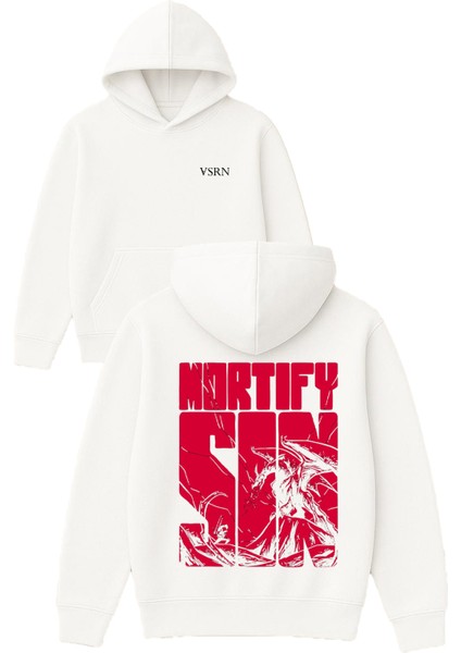 Mortıfy Tasarım Baskılı Oversize Beyaz Kapüşonlu Sweatshirt
