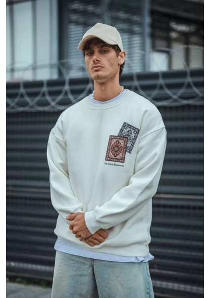 Uzun Kol Bisiklet Yaka Baskılı Sweatshirt - Beyaz