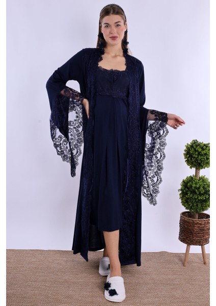 Lacivert Sabahlıklı Hamile Lohusa Gecelik Takım