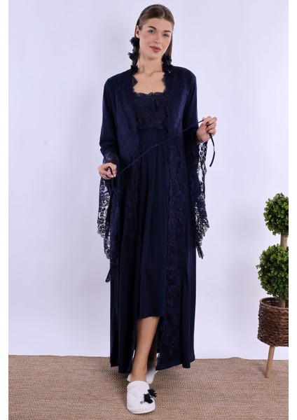 Lacivert Sabahlıklı Hamile Lohusa Gecelik Takım